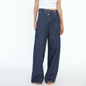 TRF HIGH RISE WIDE LEG CROSSOVER WAISTBAND JEANS (in dark indigo)